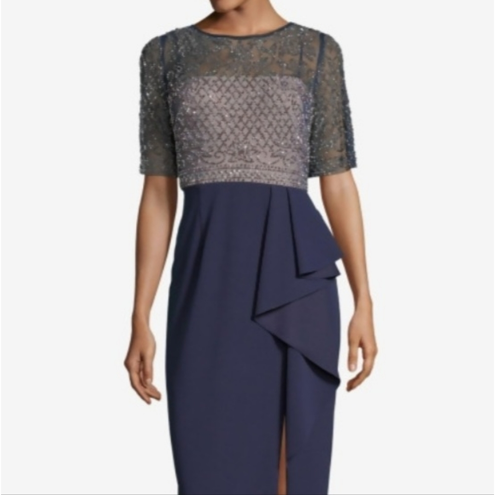 Mother of the Bride Elegant Navy and Silver Evening Dress